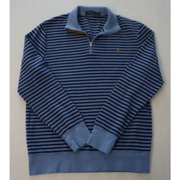 Polo Ralph Lauren Men Sz L Royal Blue Striped Knit 1/4 Zip Pullover Sweater $165 - Picture 2 of 7